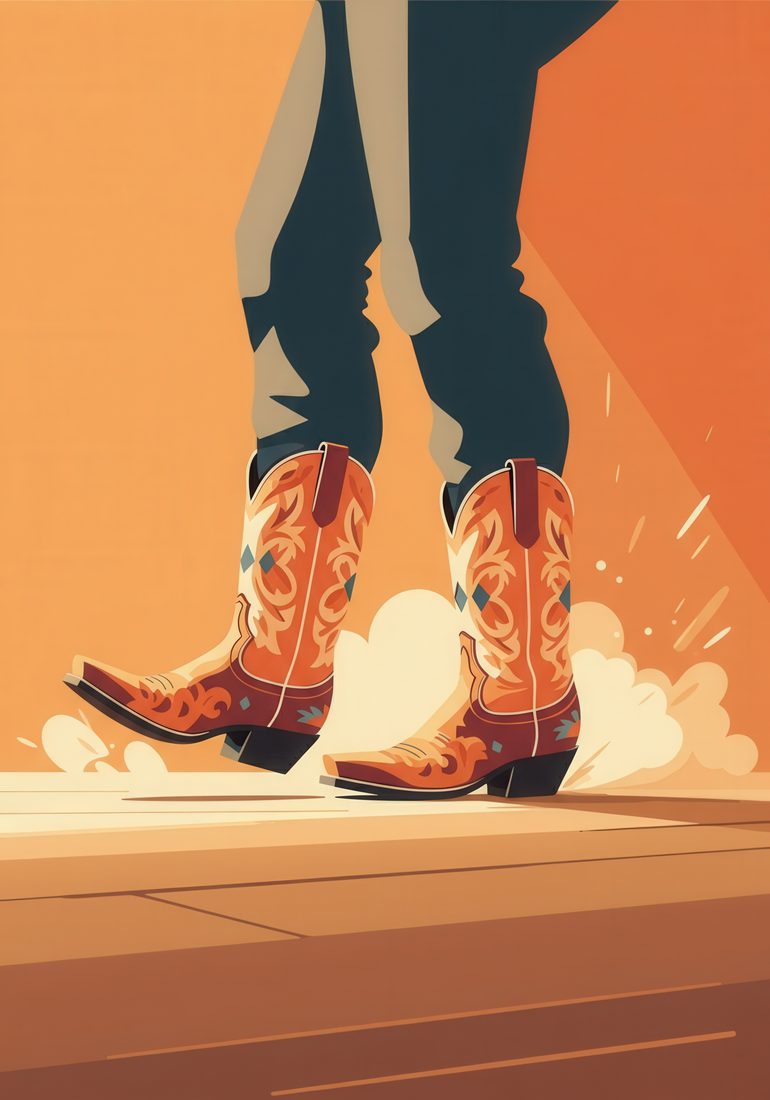 Illustration of cowboy boots dancing on a stage