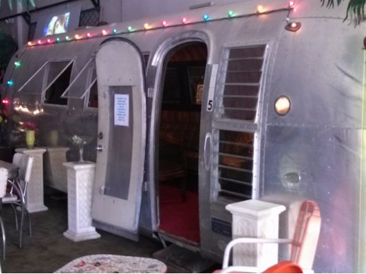 The vintage Airstream parked inside the lounge